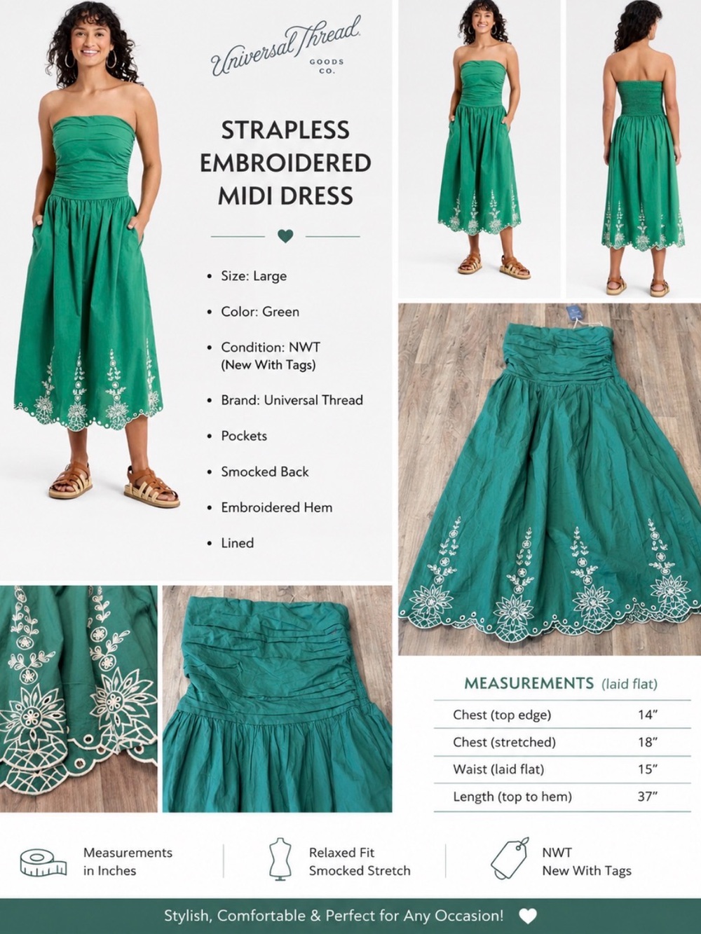 Universal Thread Emerald Green Strapless Embroidered Midi Dress